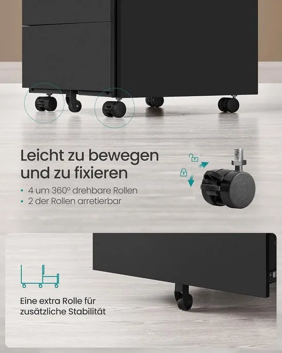 FurnStar - Metalen Ladekast op Wielen - Mobiele Archiefkast - Afsluitbaar - 4 Laden met Inzet - Printtafel - Voorgemonteerd - Voor Kantoor & Thuis - 45 x 39 x 69 cm - Wolkenwit – Inktzwart