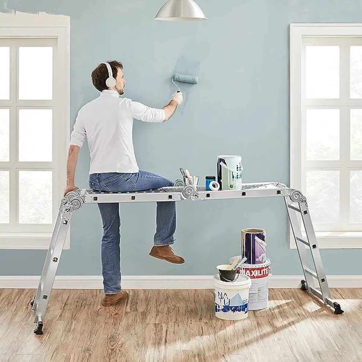 FurnStar - Multifunctionele Aluminium Ladder 3-5 m Met 2 Metalen Platen - Opvouwbare Ladder - Draagvermogen 150 kg - Zilver