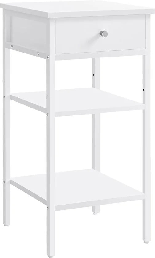 Furnstar Nachtkastje -Bijzettafel hoog met een lade en 2 open vakken - 1 verstelbare plank - Ruimtebesparend - Verstelbare poten - Modern - Wit