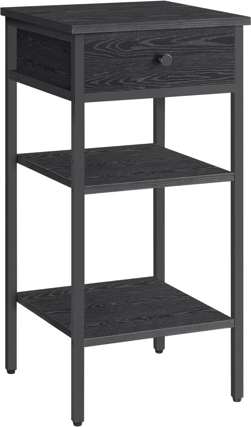 Furnstar Nachtkastje -Bijzettafel hoog met een lade en 2 open vakken - 1 verstelbare plank - Ruimtebesparend - Verstelbare poten - Modern - Wit – Zwart