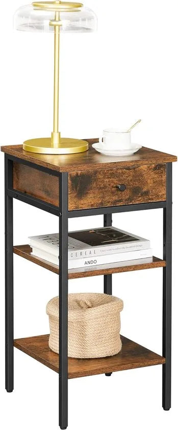 Furnstar Nachtkastje -Bijzettafel hoog met een lade en 2 open vakken - 1 Verstelbare plank - Ruimtebesparend - Verstelbare poten - Industrieel design - Rustiek bruin en zwart