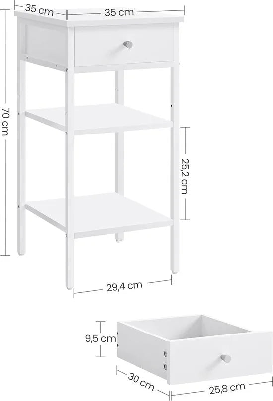 Furnstar Nachtkastje -Bijzettafel hoog met een lade en 2 open vakken - 1 verstelbare plank - Ruimtebesparend - Verstelbare poten - Modern - Wit