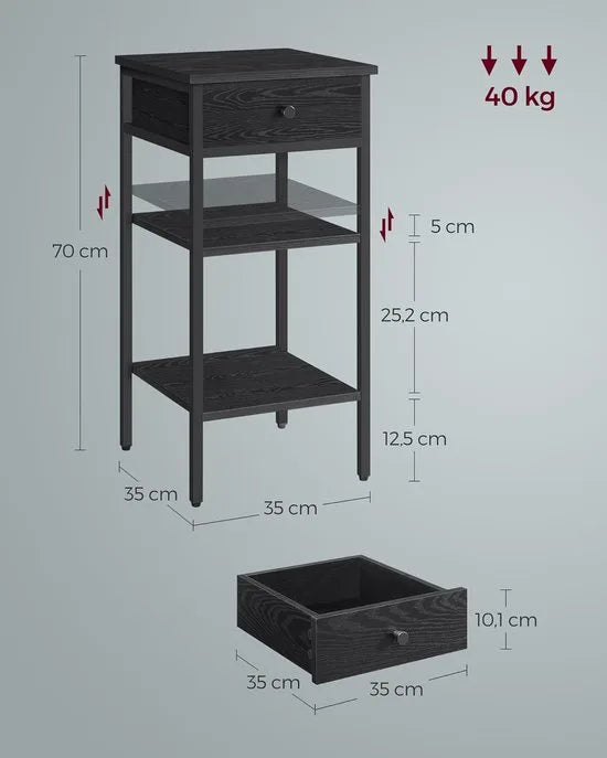 Furnstar Nachtkastje -Bijzettafel hoog met een lade en 2 open vakken - 1 verstelbare plank - Ruimtebesparend - Verstelbare poten - Modern - Wit – Zwart
