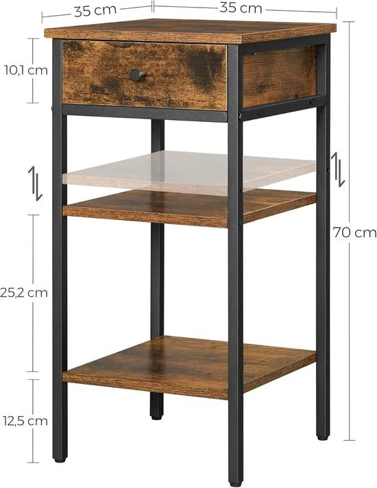 Furnstar Nachtkastje -Bijzettafel hoog met een lade en 2 open vakken - 1 Verstelbare plank - Ruimtebesparend - Verstelbare poten - Industrieel design - Rustiek bruin en zwart