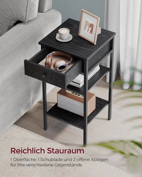 Furnstar Nachtkastje -Bijzettafel hoog met een lade en 2 open vakken - 1 verstelbare plank - Ruimtebesparend - Verstelbare poten - Modern - Wit – Zwart