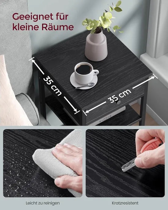 Furnstar Nachtkastje -Bijzettafel hoog met een lade en 2 open vakken - 1 verstelbare plank - Ruimtebesparend - Verstelbare poten - Modern - Wit – Zwart