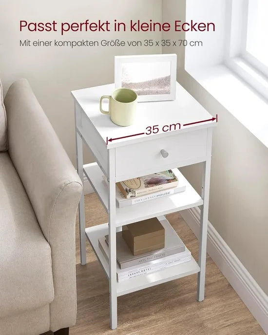 Furnstar Nachtkastje -Bijzettafel hoog met een lade en 2 open vakken - 1 verstelbare plank - Ruimtebesparend - Verstelbare poten - Modern - Wit