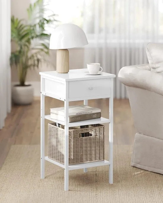 Furnstar Nachtkastje -Bijzettafel hoog met een lade en 2 open vakken - 1 verstelbare plank - Ruimtebesparend - Verstelbare poten - Modern - Wit