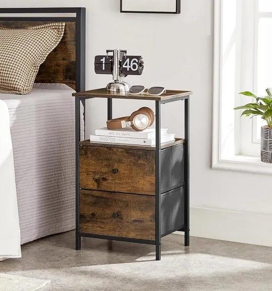 FurnStar - Nachtkastje - Bijzettafel met 2 stoffen laden - Salontafel met planken - 61 cm hoog - Voor woonkamer - Slaapkamer - Rustiek Brown, Ink Black, Matte Black