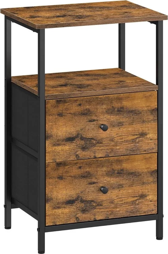 FurnStar - Nachtkastje - bijzettafel met 2 stoffen laden - salontafel met planken - 61 cm hoog - voor woonkamer - slaapkamer - aszwart-inktzwart-matzwart – Rustiek brown
