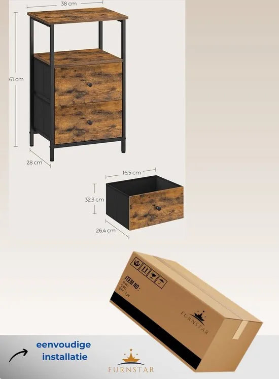 FurnStar - Nachtkastje - Bijzettafel met 2 stoffen laden - Salontafel met planken - 61 cm hoog - Voor woonkamer - Slaapkamer - Rustiek Brown, Ink Black, Matte Black