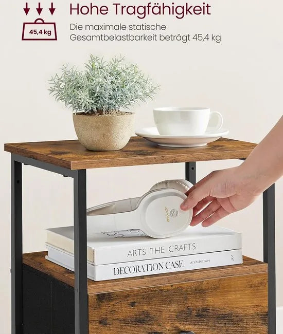 FurnStar - Nachtkastje - bijzettafel met 2 stoffen laden - salontafel met planken - 61 cm hoog - voor woonkamer - slaapkamer - aszwart-inktzwart-matzwart – Rustiek brown