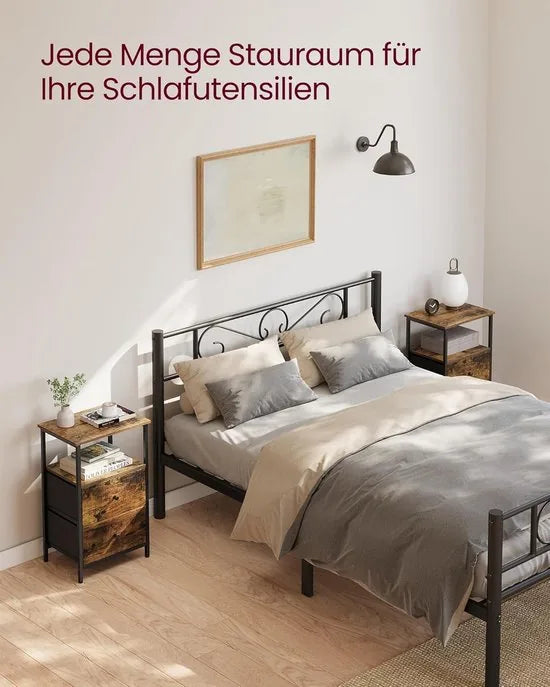 FurnStar - Nachtkastje - bijzettafel met 2 stoffen laden - salontafel met planken - 61 cm hoog - voor woonkamer - slaapkamer - aszwart-inktzwart-matzwart – Rustiek brown