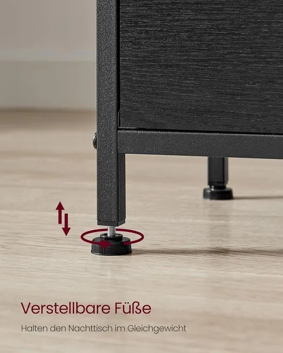FurnStar - Nachtkastje - bijzettafel met 2 stoffen laden - salontafel met planken - 61 cm hoog - voor woonkamer - slaapkamer - aszwart-inktzwart-matzwart