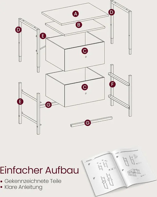 FurnStar - Nachtkastje - bijzettafel met 2 stoffen laden - salontafel met planken - 61 cm hoog - voor woonkamer - slaapkamer - aszwart-inktzwart-matzwart – Rustiek brown