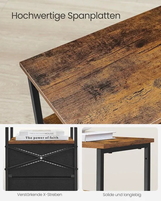 FurnStar - Nachtkastje - bijzettafel met 2 stoffen laden - salontafel met planken - 61 cm hoog - voor woonkamer - slaapkamer - aszwart-inktzwart-matzwart – Rustiek brown