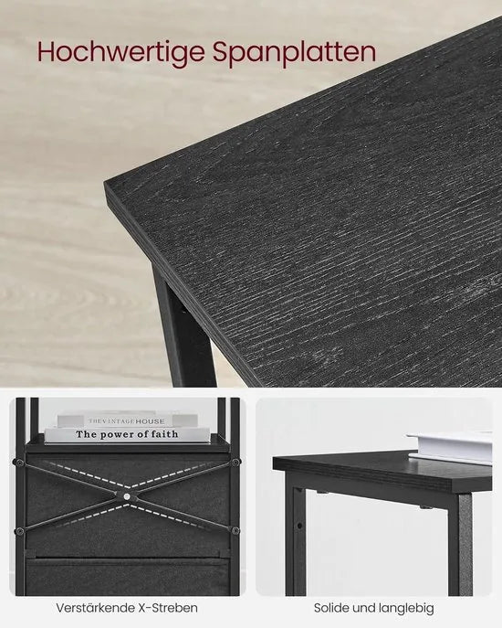 FurnStar - Nachtkastje - bijzettafel met 2 stoffen laden - salontafel met planken - 61 cm hoog - voor woonkamer - slaapkamer - aszwart-inktzwart-matzwart