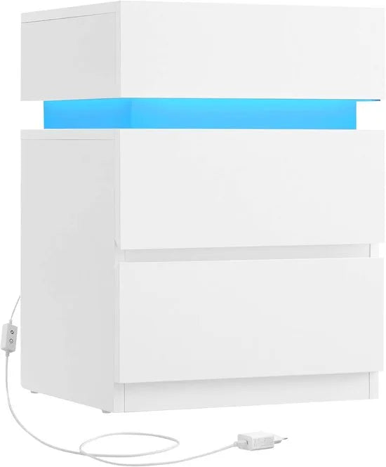 Furnstar Nachtkastje met ledverlichting - Bijzettafel - Verstelbare kleuren - Banktafel met 3 laden - Nachtkastje slaapkamer - Modern - 35 x 40 x 55 cm - Wit