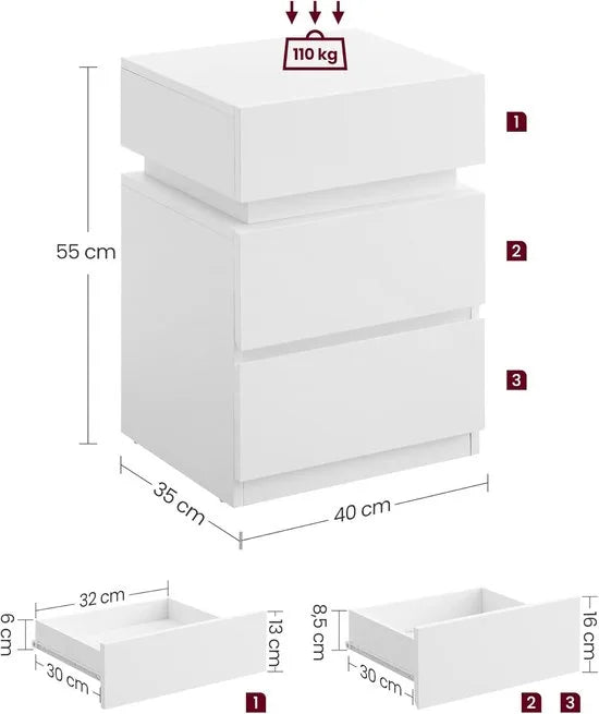 Furnstar Nachtkastje met ledverlichting - Bijzettafel - Verstelbare kleuren - Banktafel met 3 laden - Nachtkastje slaapkamer - Modern - 35 x 40 x 55 cm - Wit