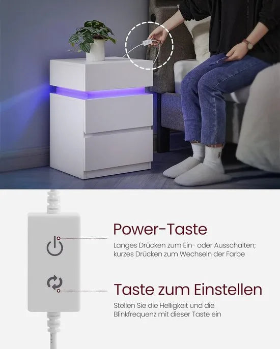 Furnstar Nachtkastje met ledverlichting - Bijzettafel - Verstelbare kleuren - Banktafel met 3 laden - Nachtkastje slaapkamer - Modern - 35 x 40 x 55 cm - Wit