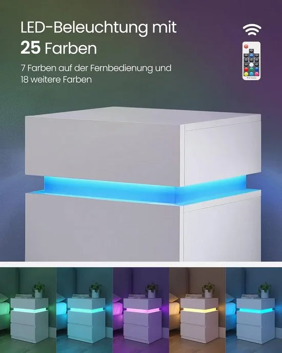 Furnstar Nachtkastje met ledverlichting - Bijzettafel - Verstelbare kleuren - Banktafel met 3 laden - Nachtkastje slaapkamer - Modern - 35 x 40 x 55 cm - Wit