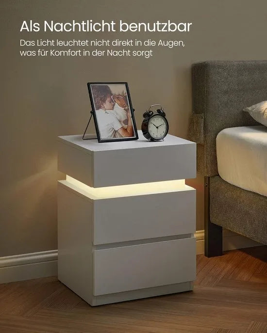Furnstar Nachtkastje met ledverlichting - Bijzettafel - Verstelbare kleuren - Banktafel met 3 laden - Nachtkastje slaapkamer - Modern - 35 x 40 x 55 cm - Wit