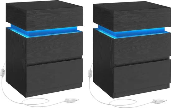 Furnstar Nachtkastje met ledverlichting - Set van 2 - Bijzettafel - Verstelbare kleuren - Banktafel met 3 laden - Nachtkastje slaapkamer - Modern - 35 x 40 x 55 cm -Zwart met Houtnerf