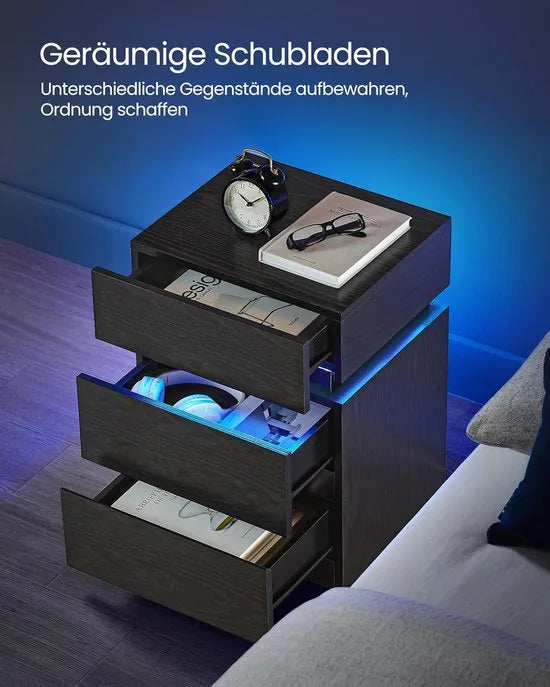 Furnstar Nachtkastje met ledverlichting - Set van 2 - Bijzettafel - Verstelbare kleuren - Banktafel met 3 laden - Nachtkastje slaapkamer - Modern - 35 x 40 x 55 cm -Zwart met Houtnerf