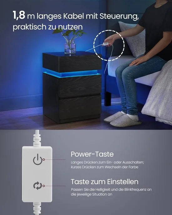 Furnstar Nachtkastje met ledverlichting - Set van 2 - Bijzettafel - Verstelbare kleuren - Banktafel met 3 laden - Nachtkastje slaapkamer - Modern - 35 x 40 x 55 cm -Zwart met Houtnerf