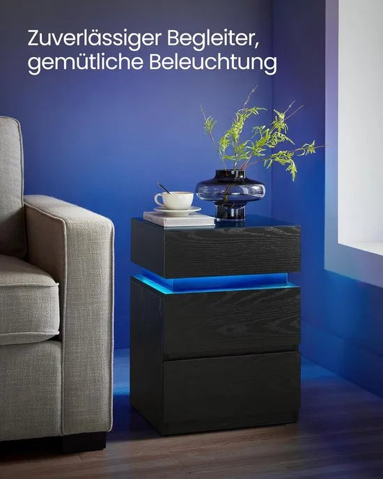 Furnstar Nachtkastje met ledverlichting - Set van 2 - Bijzettafel - Verstelbare kleuren - Banktafel met 3 laden - Nachtkastje slaapkamer - Modern - 35 x 40 x 55 cm -Zwart met Houtnerf