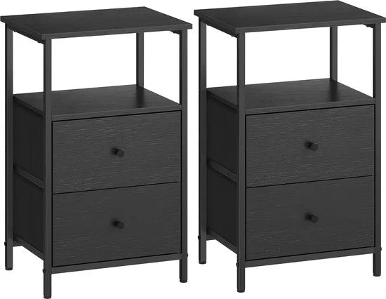 FurnStar - Nachtkastje - Set van 2 - Bijzettafel met 2 stoffen laden - Salontafel met planken - 61 cm hoog - Voor woonkamer - Slaapkamer - Rustiek Brown, Inkt Black, Matte Black – Zwart double
