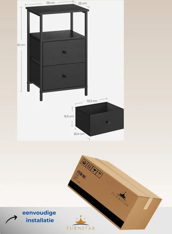 FurnStar - Nachtkastje - Set van 2 - Bijzettafel met 2 stoffen laden - Salontafel met planken - 61 cm hoog - Voor woonkamer - Slaapkamer - Rustiek Brown, Inkt Black, Matte Black – Zwart double