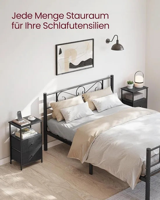 FurnStar - Nachtkastje - Set van 2 - Bijzettafel met 2 stoffen laden - Salontafel met planken - 61 cm hoog - Voor woonkamer - Slaapkamer - Rustiek Brown, Inkt Black, Matte Black – Zwart double
