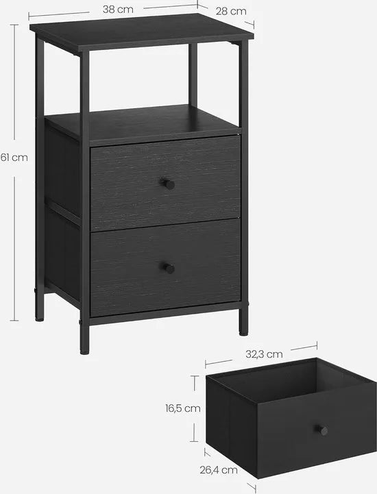 FurnStar - Nachtkastje - Set van 2 - Bijzettafel met 2 stoffen laden - Salontafel met planken - 61 cm hoog - Voor woonkamer - Slaapkamer - Rustiek Brown, Inkt Black, Matte Black – Zwart double