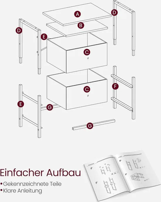FurnStar - Nachtkastje - Set van 2 - Bijzettafel met 2 stoffen laden - Salontafel met planken - 61 cm hoog - Voor woonkamer - Slaapkamer - Rustiek Brown, Inkt Black, Matte Black – Zwart double