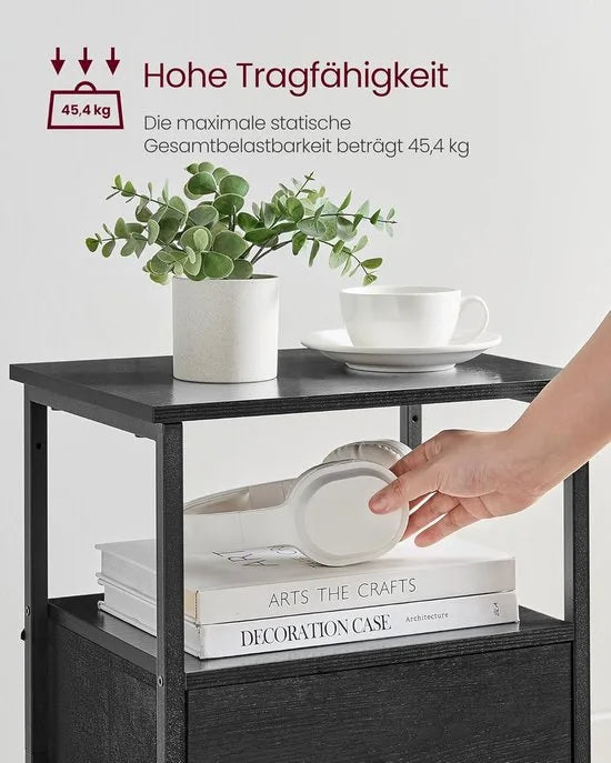 FurnStar - Nachtkastje - Set van 2 - Bijzettafel met 2 stoffen laden - Salontafel met planken - 61 cm hoog - Voor woonkamer - Slaapkamer - Rustiek Brown, Inkt Black, Matte Black – Zwart double
