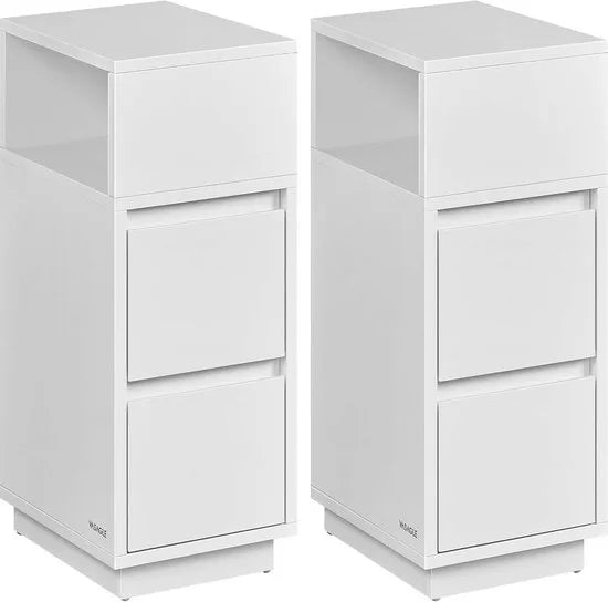 Furnstar - Nachtkastje - Smal - Bijzettafel met 2 laden - Open vak links of rechts monteerbaar - Voor slaapkamer en woonkamer - Ebbenzwart – Furnstar Set van 2 Wolkenwit (2817)