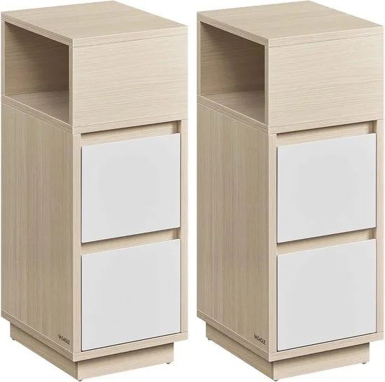 Furnstar - Nachtkastje - Smal - Bijzettafel met 2 laden - Open vak links of rechts monteerbaar - Voor slaapkamer en woonkamer - Ebbenzwart – Furnstar Set van 2 Natuurbeige (7356)