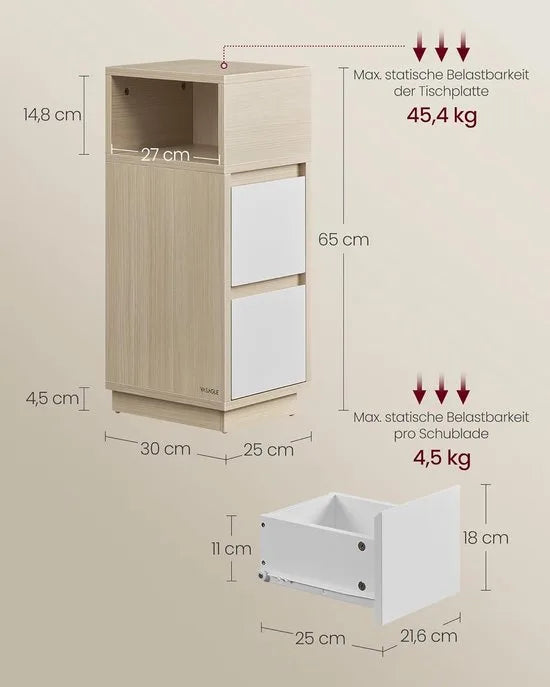 Furnstar - Nachtkastje - Smal - Bijzettafel met 2 laden - Open vak links of rechts monteerbaar - Voor slaapkamer en woonkamer - Ebbenzwart – Furnstar Set van 2 Natuurbeige (2770)