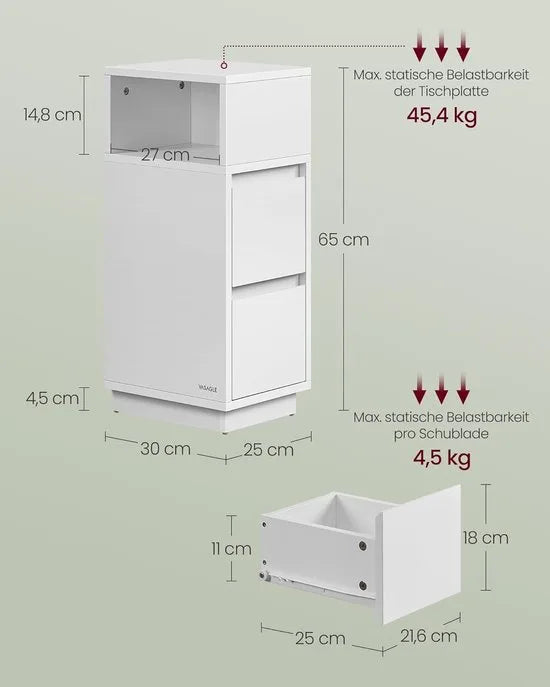 Furnstar - Nachtkastje - Smal - Bijzettafel met 2 laden - Open vak links of rechts monteerbaar - Voor slaapkamer en woonkamer - Ebbenzwart – Furnstar Set van 2 Wolkenwit (2817)