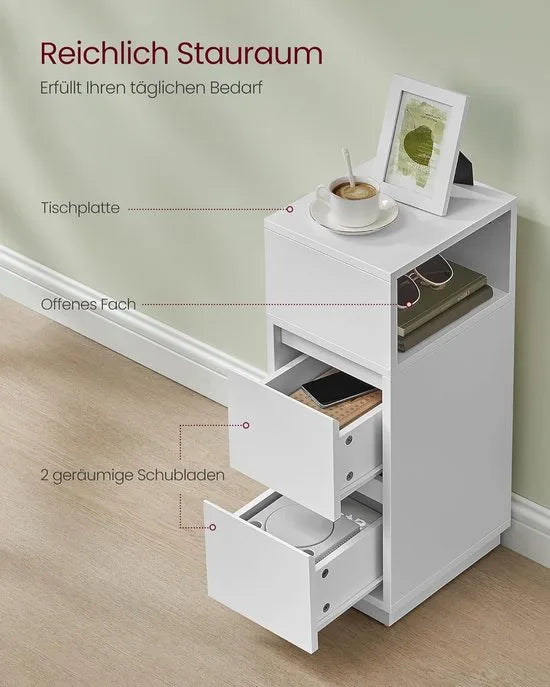 Furnstar - Nachtkastje - Smal - Bijzettafel met 2 laden - Open vak links of rechts monteerbaar - Voor slaapkamer en woonkamer - Ebbenzwart – Furnstar Set van 2 Wolkenwit (2817)