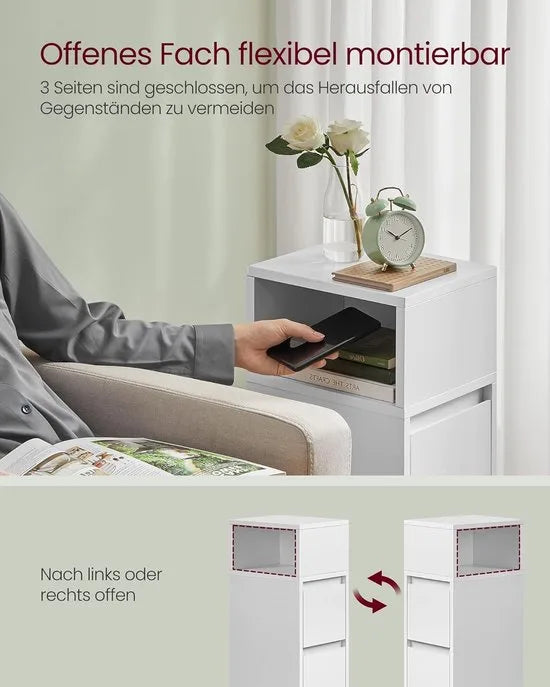 Furnstar - Nachtkastje - Smal - Bijzettafel met 2 laden - Open vak links of rechts monteerbaar - Voor slaapkamer en woonkamer - Ebbenzwart – Furnstar Set van 2 Wolkenwit (2817)