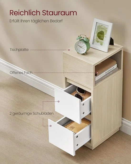 Furnstar - Nachtkastje - Smal - Bijzettafel met 2 laden - Open vak links of rechts monteerbaar - Voor slaapkamer en woonkamer - Ebbenzwart – FurnStar Natuurbeige Wolkenwit (2763)