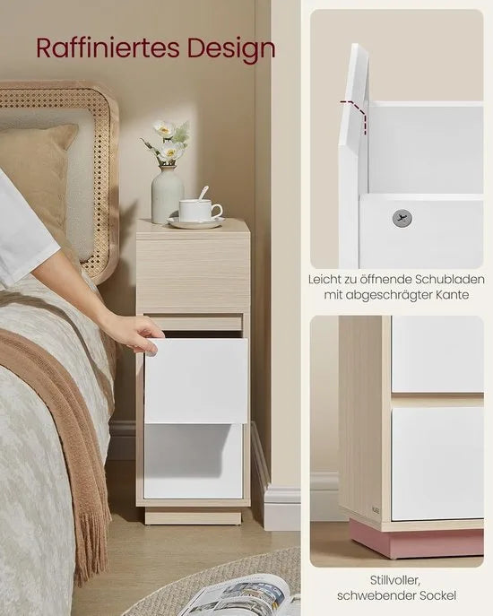 Furnstar - Nachtkastje - Smal - Bijzettafel met 2 laden - Open vak links of rechts monteerbaar - Voor slaapkamer en woonkamer - Ebbenzwart – Furnstar Set van 2 Natuurbeige (7356)