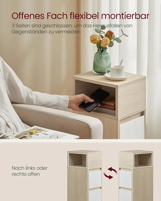 Furnstar - Nachtkastje - Smal - Bijzettafel met 2 laden - Open vak links of rechts monteerbaar - Voor slaapkamer en woonkamer - Ebbenzwart – Furnstar Set van 2 Natuurbeige (2770)