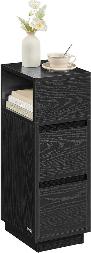 Furnstar - Nachtkastje - Smal - Bijzettafel met 2 laden - Open vak links of rechts monteerbaar - Voor slaapkamer en woonkamer - Ebbenzwart – Model 1