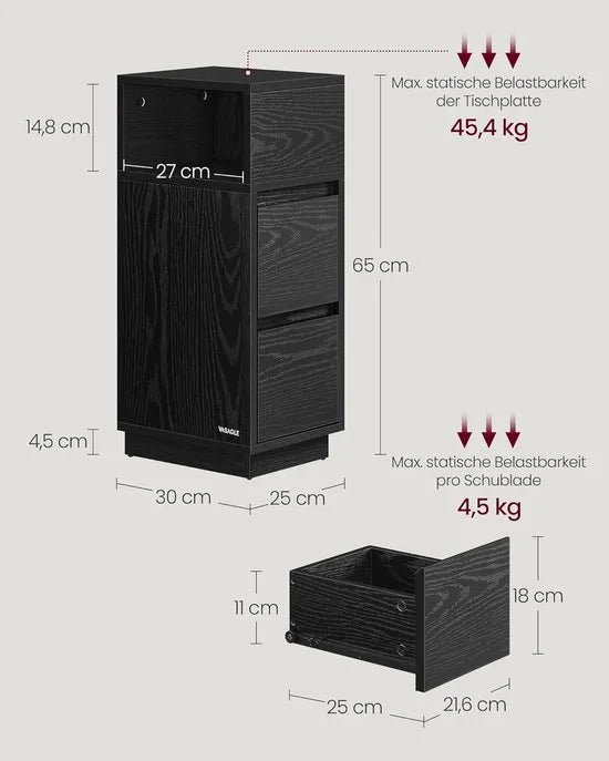 Furnstar - Nachtkastje - Smal - Bijzettafel met 2 laden - Open vak links of rechts monteerbaar - Voor slaapkamer en woonkamer - Ebbenzwart – Model 1