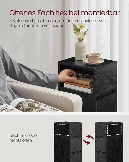 Furnstar - Nachtkastje - Smal - Bijzettafel met 2 laden - Open vak links of rechts monteerbaar - Voor slaapkamer en woonkamer - Ebbenzwart – Model 1