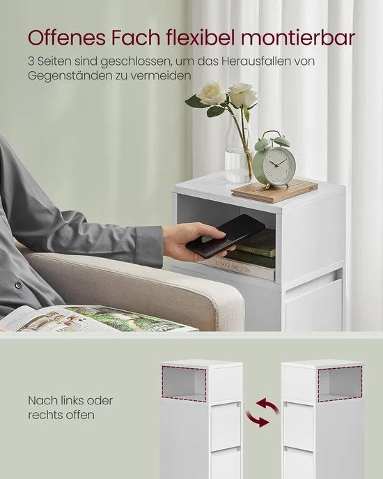 Furnstar - Nachtkastje - Smal - Bijzettafel met 2 laden - Open vak links of rechts monteerbaar - Voor slaapkamer en woonkamer - Ebbenzwart – Furnstar Wolkenwit (2800)