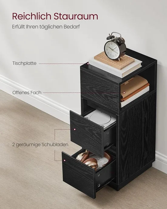 Furnstar - Nachtkastje - Smal - Bijzettafel met 2 laden - Open vak links of rechts monteerbaar - Voor slaapkamer en woonkamer - Ebbenzwart – Model 1